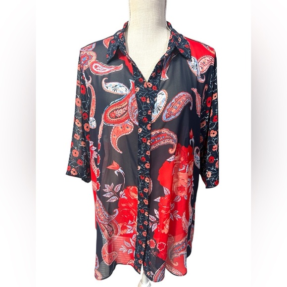 Cato Red and Navy Blue Floral Blouse - Picture 1 of 7